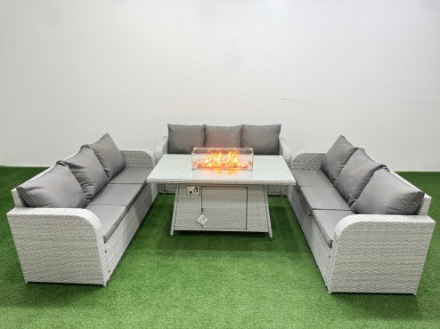 Fimous PE Rattan Lounge Sofa Set 9 Seater Outdoor Garden Furniture Set with Firepit Dining Table 3 Seater Sofa Light Grey