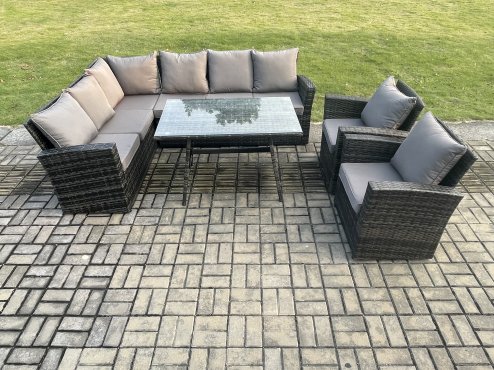 Fimous High Back Outdoor Garden Furniture Set Rattan Corner Sofa Dining Table Set With 2 Armchairs 8 Seater Dark Grey Mixed