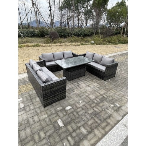 Fimous 9 Seater?Outdoor Garden Furniture Rattan Sofa Set Adjustable Rising Lifting Dining Table Dark Grey Mixed