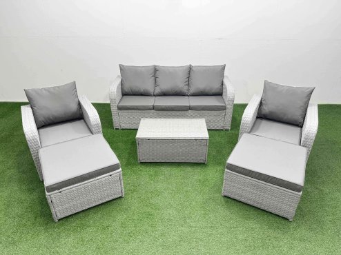 Fimous PE Rattan Garden Furniture Set Reclining Chair Sofa Lounge Sofa Set Oblong Coffee Table 2 Big Footstool Light Grey