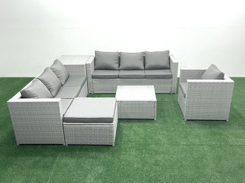 Fimous Wicker PE Rattan Sofa Garden Furniture Set with Armchair Square Coffee Table Big Footstool Side Table Light Grey Mixed
