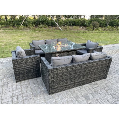 Fimous Outdoor Rattan Garden Furniture Gas Fire Pit Table Sets Gas Heater Lounge Chairs Dark Grey 8 Seater