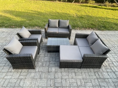 Fimous Garden Furniture Sets 6 Pieces Outdoor Rattan Furniture Manual Wicker Patio Sofa Chair Set with Coffee Table Big Footstool Dark Grey Mixed