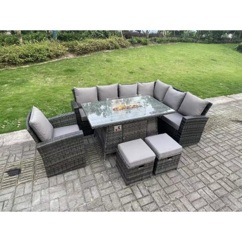 Fimous High Back Rattan Garden Furniture Sets Gas Fire Pit Dining Table Gas Heater Set Corner Sofa Small Footstools Chair 9 Seater