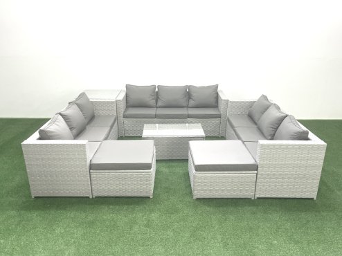 Fimous Rattan Garden Outdoor Furniture Set 11 Seater Garden Sofa Coffee Table Set with 2 Big Footstools Side Table Light Grey Mixed
