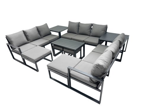Fimous Outdoor Garden Furniture Set Aluminium Lounge 3 Seat Sofa Oblong Coffee Table Sets with 4 Stools 2 Side Tables Dark Grey