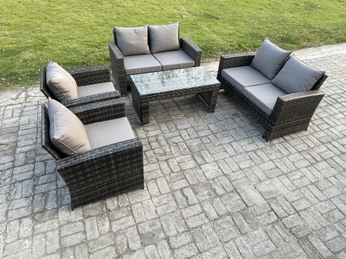 Fimous 6 Seater Dark Grey Mixed High Back Rattan Sofa Set Coffee Table Garden Furniture Outdoor Patio With Love Sofa Arm Chairs