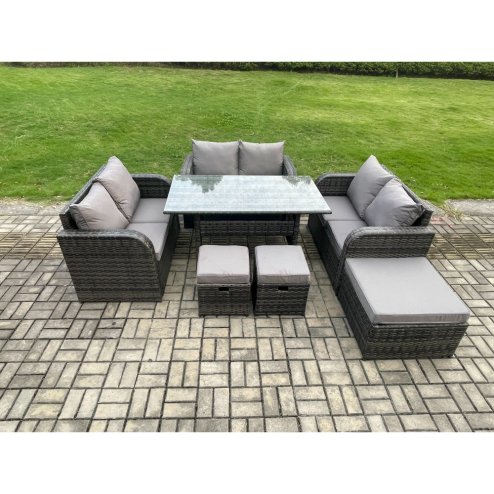 Fimous 9 Seater Outdoor Rattan Garden Furniture Set with Patio Rectangular Dining Table Love Sofa 3 Footstools Dark Grey Mixed