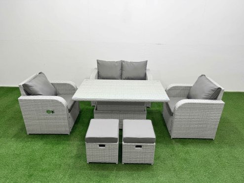 Fimous Light Grey PE Wicker Rattan Garden Furniture Set Sofa Set Reclining Chair Adjustable Lifting Dining or Coffee Table 6 Seater 2 Small Stools Image