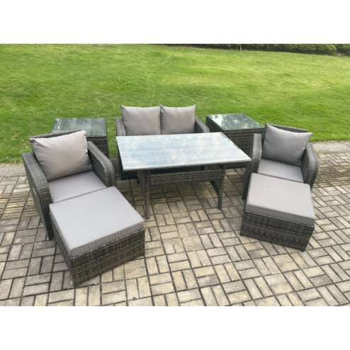 Fimous Rattan Outdoor Garden Furniture Set Rectangular Dining Table and Chair Sofa Set With 2 Side Tables 2 Big Footstool Dark Grey Mixed