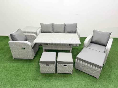 Fimous PE Rattan Garden Furniture Set Reclining Chair Sofa Lounge Sofa Set Rectangular Dining Table Side Table 3 Stools Light Grey