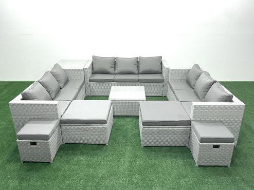 Fimous Garden Outdoor Furniture Set 14 Seater Rattan Sofa Set with Side Table 4 Footstools Light Grey Mixed Image