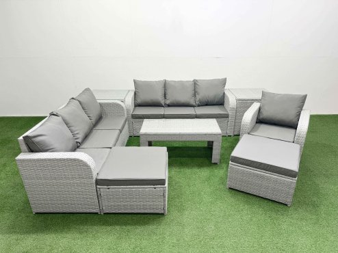 Fimous 9 Seater Poly Rattan Outdoor Garden Furniture Oblong Coffee Table Sofa Set Patio 3 Seater Sofa Reclining Chair 3 Seater Sofa 2 Big Footstools 2 Side Table Light Grey Image