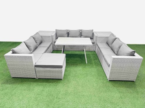 Fimous 10 Seat Outdoor Patio PE Rattan Garden Furniture with Cushions 3 Seater Sofa 2 Side Tables Big Stool Light Grey