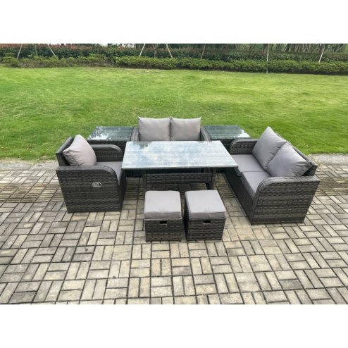 Fimous 7 Seater Lounge Rattan Sofa Set Outdoor Garden Furniture Oblong Rectangular Dining Table With Chairs 2 Small Footstools 2 Side Tables Dark Grey Mixed