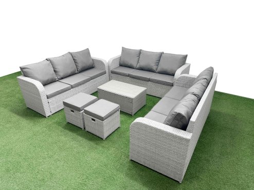 Fimous PE Rattan Lounge Sofa Set 11 Seater Outdoor Garden Furniture Set with Rectangular Coffee Table 3 Seater Sofa 2 Stools Light Grey