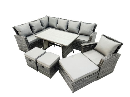 Fimous 10 Seat Rattan High Back Corner Sofa Set Patio Dining Table Set with 3 Footstool Dark Grey Mixed