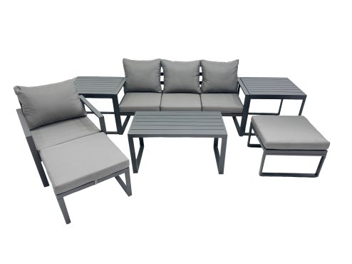 Fimous 6 Seat Outdoor Garden Furniture Set Aluminium Lounge 3 Seat Sofa Oblong Coffee Table Sets with Chair 2 Big Stools 2 Side Tables Dark Grey