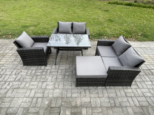 Fimous 6 Seater Wicker PE Rattan Garden Dining Set Outdoor Furniture Sofa with Rectangular Dining Table Double Seat Sofa Big Footstool Dark Grey Mixed