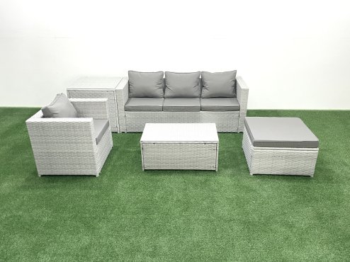 Fimous 5 Pieces Rattan Garden Furniture Set Outdoor Garden Sofa Chair Coffee Table Set with Side Table Big Footstool Light Grey Mixed