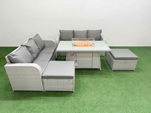 Fimous Outdoor Garden Furniture Sets 8 Seater Wicker Rattan Furniture Sofa Sets with Firepit Dining Table high Back Lounge Sofa 2 Big Footstool Light Grey