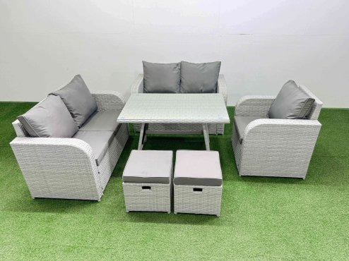 Fimous 7 Seater Outdoor Rattan Garden Furniture Set Love Sofa Reclining Chair Set with Rectangular Dining Table 2 Small Footstools Light Grey