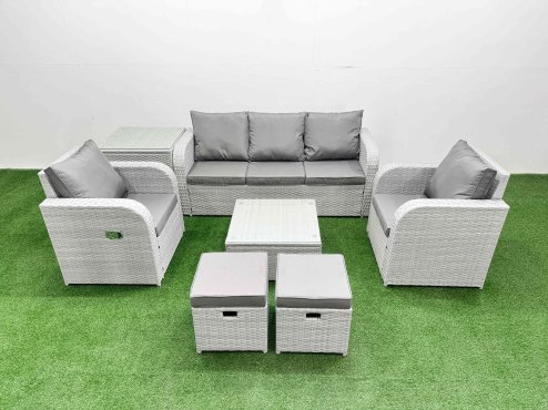 Fimous PE Rattan Garden Furniture Set Reclining Chair Sofa Lounge Sofa Set Square Coffee Table Side Table 2 Small Stools Light Grey