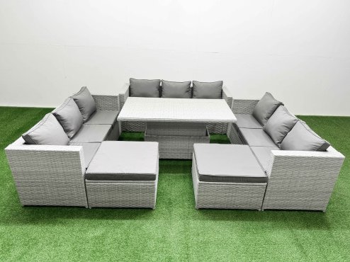 Fimous 6 PCs Rising Dining Table Set Rattan Furniture Set with 3 Seater Sofa 2 Big Footstool Light Grey