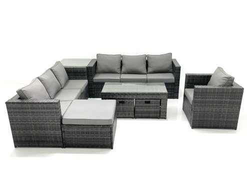 Fimous Outdoor Garden Furniture Set 10 Seater Rattan Sofa Set with Coffee Table 3 Footstools Armchair Side Table Dark Grey Mixed