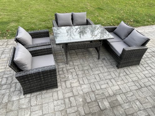 Fimous Rattan Garden Furniture Set 6 Seater Patio Outdoor Lounge Sofa Set with Oblong Dining Table Double Seat Sofa Dark Grey Mixed
