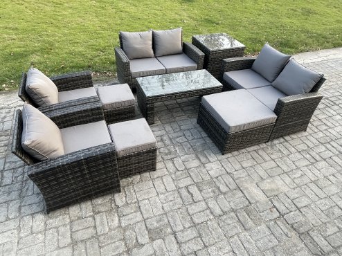Fimous 9 Seater Dark Grey Mixed High Back Rattan Sofa Set Coffee Table Garden Furniture Outdoor Patio With Love Sofa Arm Chairs 3 Footstools Side Table