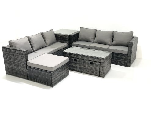 Fimous Garden Outdoor Rattan Furniture Set with Sofa Coffee table 3 Footstools Side Table Dark Grey Mixed