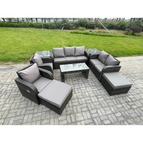 Fimous Outdoor Rattan Garden Furniture Set Rattan Lounge Sofa Set with Rectangular Coffee Table 2 Side Tables 2 Big Footstool Dark Grey Mixed