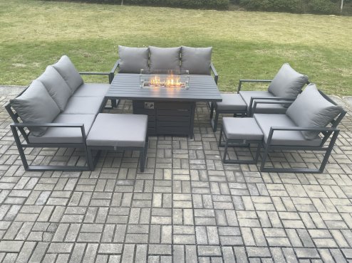Fimous Aluminium Outdoor Garden Furniture Set Patio Lounge Sofa Gas Fire Pit Dining Table Set with 3 Footstools Dark Grey