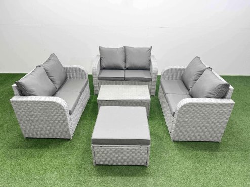 Fimous 7 Seater PE Wicker Rattan Furniture Sofa Sets with Rectangular Coffee Table 2 Seater Love Sofa Big Footstool Light Grey