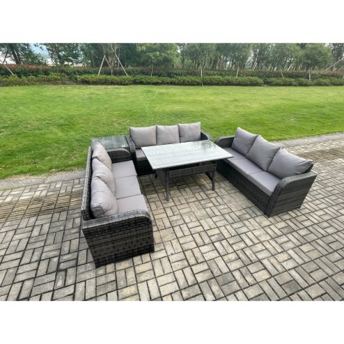 Fimous Rattan Garden Furniture Set with Oblong Rectangular Dining Table Side Table 9 Seater Outdoor Lounge Sofa Set Dark Grey Mixed