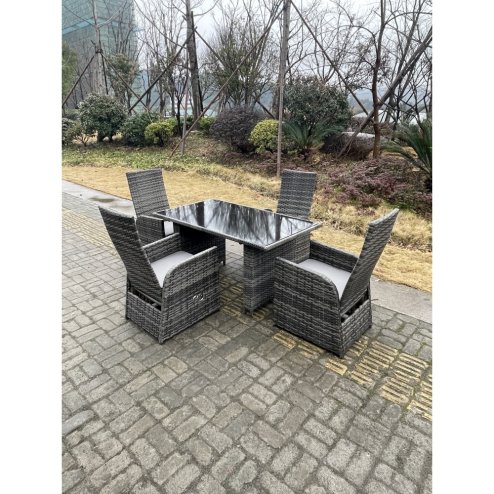 Fimous Dark Grey Mixed Outdoor PE Wicker Rattan Garden Furniture Reclining Chair And Table Dining Sets 4 Seater Rectangular Black Tempered Table