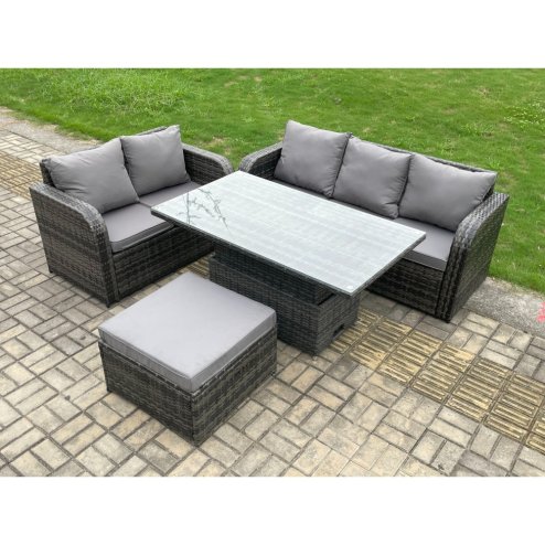 Fimous Outdoor Rattan Garden Furniture Sets Height Adjustable Rising lifting Dining Table Lounge Sofa Set With Big Footstool Dark Grey Mixed