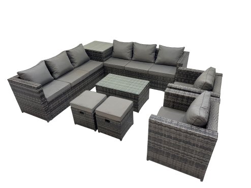 Fimous 10 Seater Garden Outdoor Rattan Furniture Set Patio Corner Sofa Rectangular Coffee Table with 2 Small Stool Dark Grey