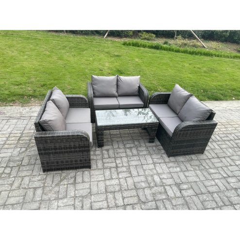 Fimous Rattan Garden Furniture Set 6 Seater Indoor Outdoor Patio Sofa Set with Coffee Table Loveseat Sofa Dark Grey Mixed