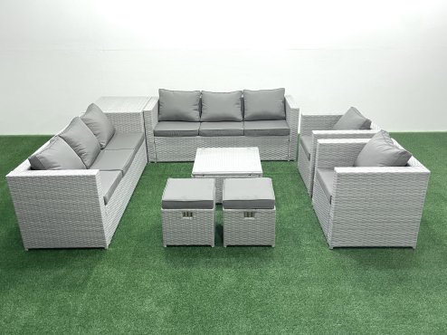 Fimous Outdoor Rattan Sofa Garden Furniture Set with 2 Armchairs Square Coffee Table 2 Small Footstools Side Table Light Grey Mixed