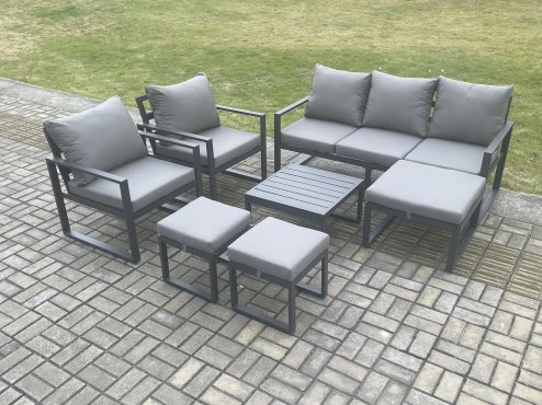 Fimous Aluminium Outdoor Lounge Sofa Set Garden Furniture Sets with Square Coffee Table 2 Chairs 3 Footstools Dark Grey 8 Seater