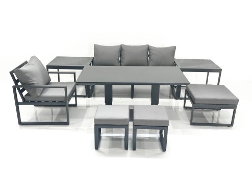 Fimous 7 Seater Garden Sofa Set Aluminium Furniture Rising Dining Tabe Set with Chair 3 Footstool 2 Side Tables Dark Grey