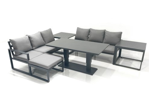 Fimous 7 Seater Aluminium Outdoor Garden Furniture Set with Adjustable Rising Lifting Dining Table 3 Seater Sofa Big Footstool 2 Side Tables Dark Grey