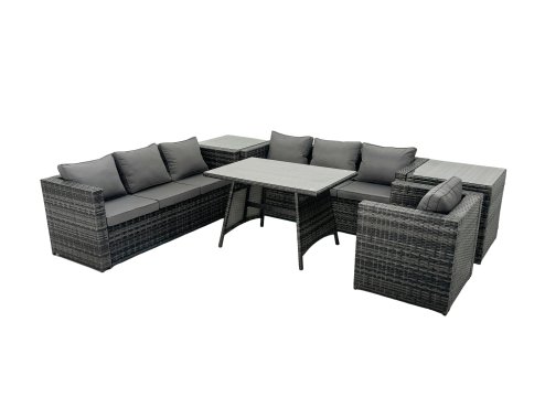Fimous Rattan Dining Table Sofa Set with 2 Side Tables Outdoor 7 Seat Garden Furniture Set Dark Grey Mixed