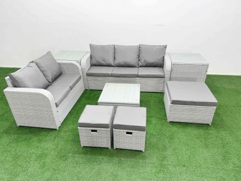 Fimous 8 Seater PE Rattan Wicker Garden Furniture Patio Conservatory Sofa Set with Square Coffee Table 3 Seater Sofa Love Sofa 3 Stool 2 Side Table Image