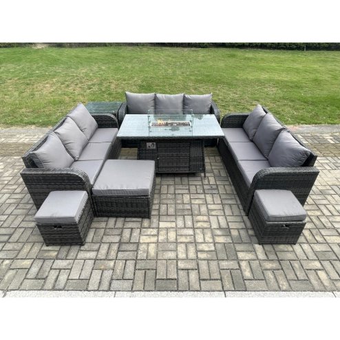 Fimous Outdoor Rattan Furniture Garden Dining Set Gas Fire Pit Table With Side Table Lounge Sofa 3 Footstool