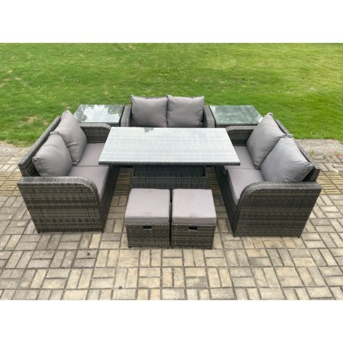 Fimous Rattan Garden Outdoor Furniture 3 PC Love Sofa Set Patio Adjustable Rising lifting Dining Table With 2 Side Tables 2 Small Footstools