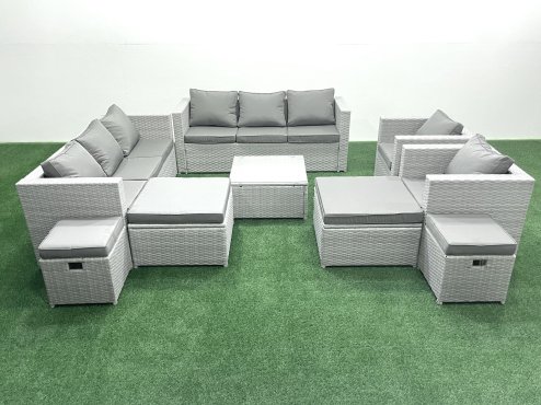 Fimous Garden Outdoor Furniture Set 12 Seater Rattan Sofa Set with 4 Footstools Light Grey Mixed