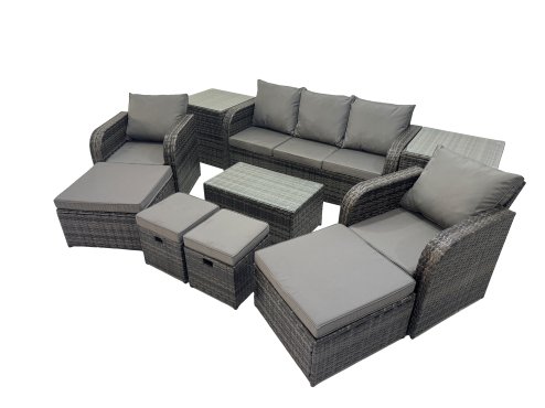 Fimous Outdoor Reclining Chair 3 Seater Sofa Coffee Table Set Garden Rattan Furniture Set 9 Seater with 4 Stools 2 Side Tables Dark Grey